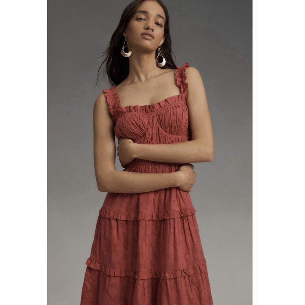 Anthropologie Sleeveless Ruffle Tiered Preppy Midi Pink Dress Size XS NWT